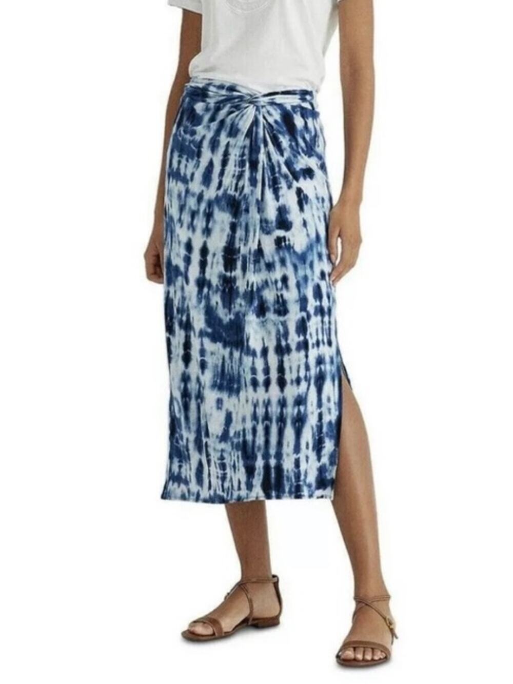 Lauren Ralph Lauren Linen Blend Tie Dye Midi Skirt Blue White Size Medium